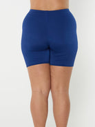 model showing back of navy bike pant