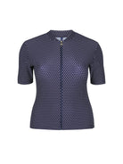 navy blue and white polka dot short sleeve rash vest