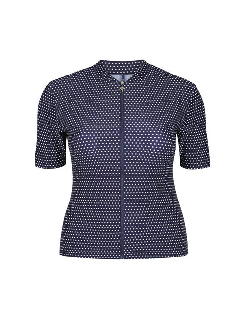 navy blue and white polka dot short sleeve rash vest