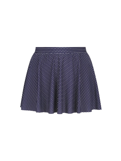 Navy blue polka dot skirt on a white background