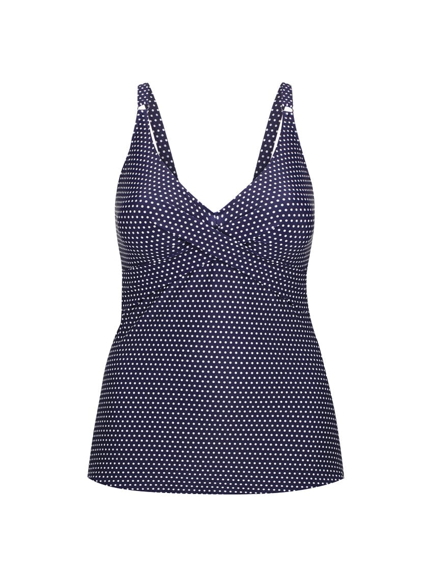 Navy blue tankini top with white polka dot pattern