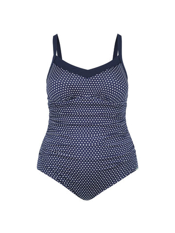 Chlorine Resistant Navy & White Dots V Neck Underwire One Piece