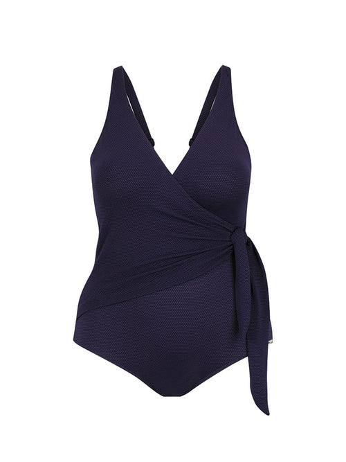 navy honey comb waist tie one piece swimsuit