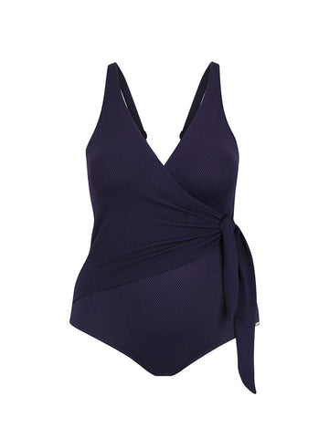 Navy Honey Comb Waist Tie One Piece