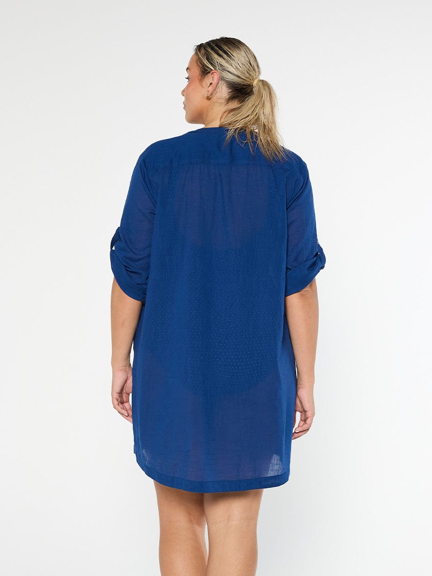 model showing back of navy over shirt beach dress