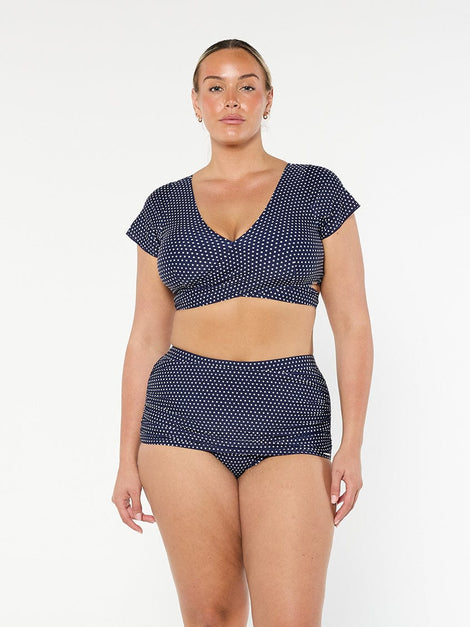 Navy & White Dots Crop Wrap Bikini Top