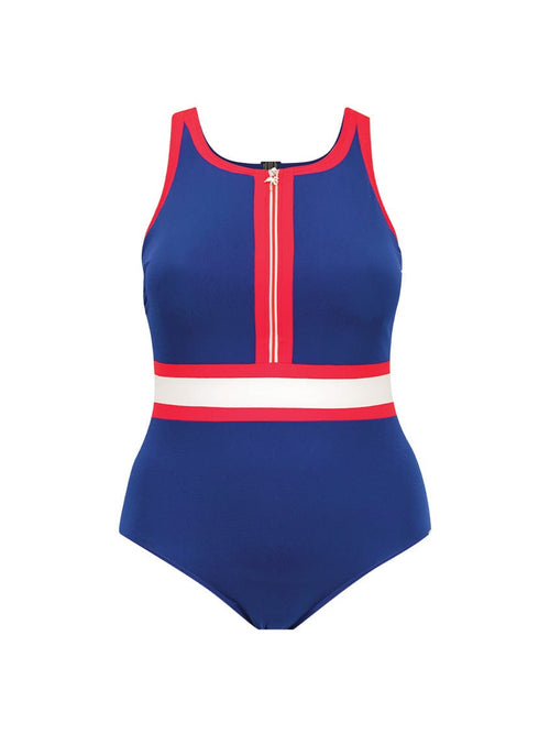Ghost mannequin of blue swimsuit with red accents on a white background