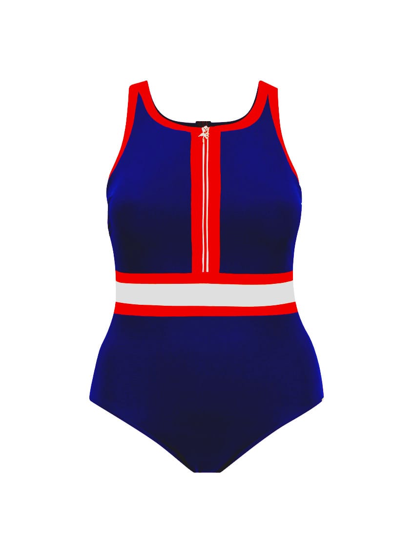 A woman modeling a one-piece swimsuit with a navy blue base and red and white striped accents on the neckline and waist, photographed against a plain light gray studio background.