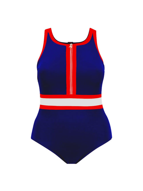 A woman modeling a one-piece swimsuit with a navy blue base and red and white striped accents on the neckline and waist, photographed against a plain light gray studio background.