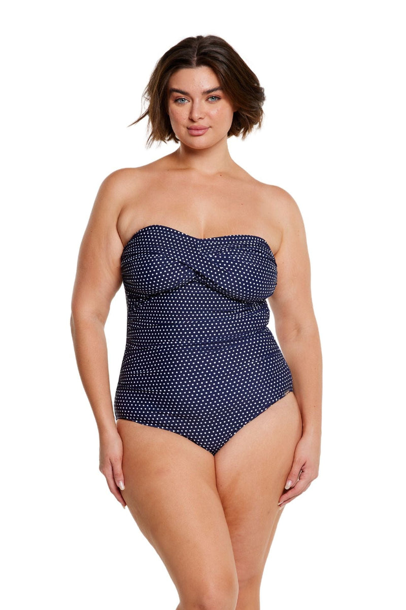 Navy & White Dots Twist Front Bandeau One Piece