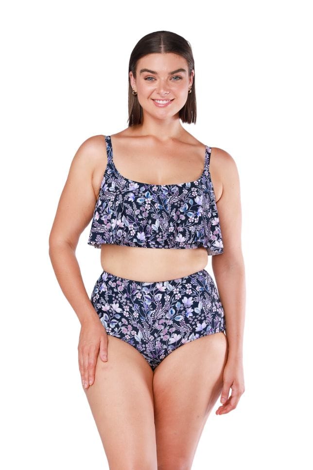 Brunette plus size model wearing cute floral frill bikini top for ladies