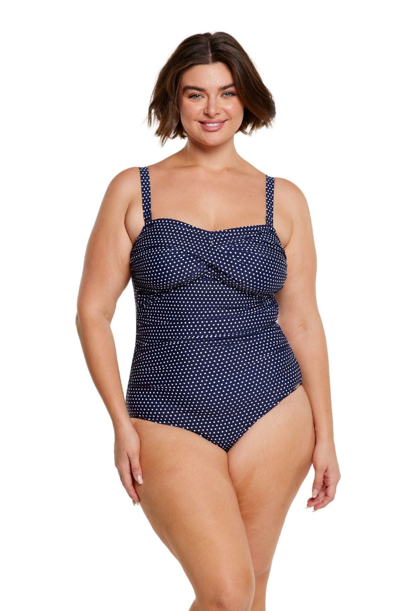 Navy & White Dots Twist Front Bandeau One Piece