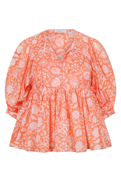 ghost mannequin peach and white cotton block printed shirt with puff sleeves