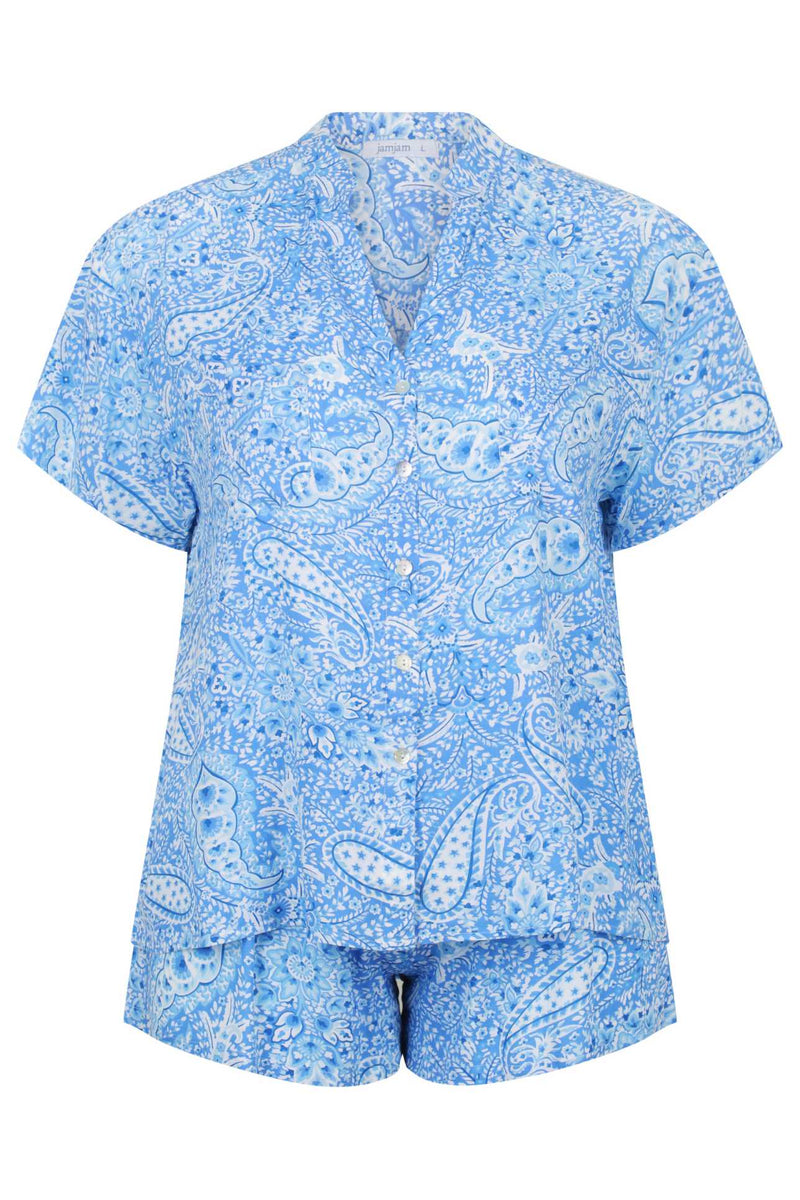 ghost mannequin blue paisley printed short sleepwear set with button through front and no collar
