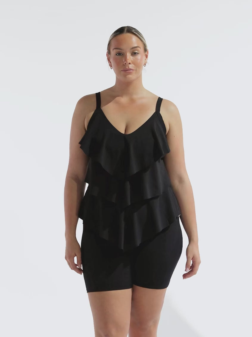 model wearing black chlorine resistant bike pant with tiered tankini