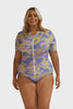 Video of blonde plus size model wearing paisley swim shirt with short sleeve