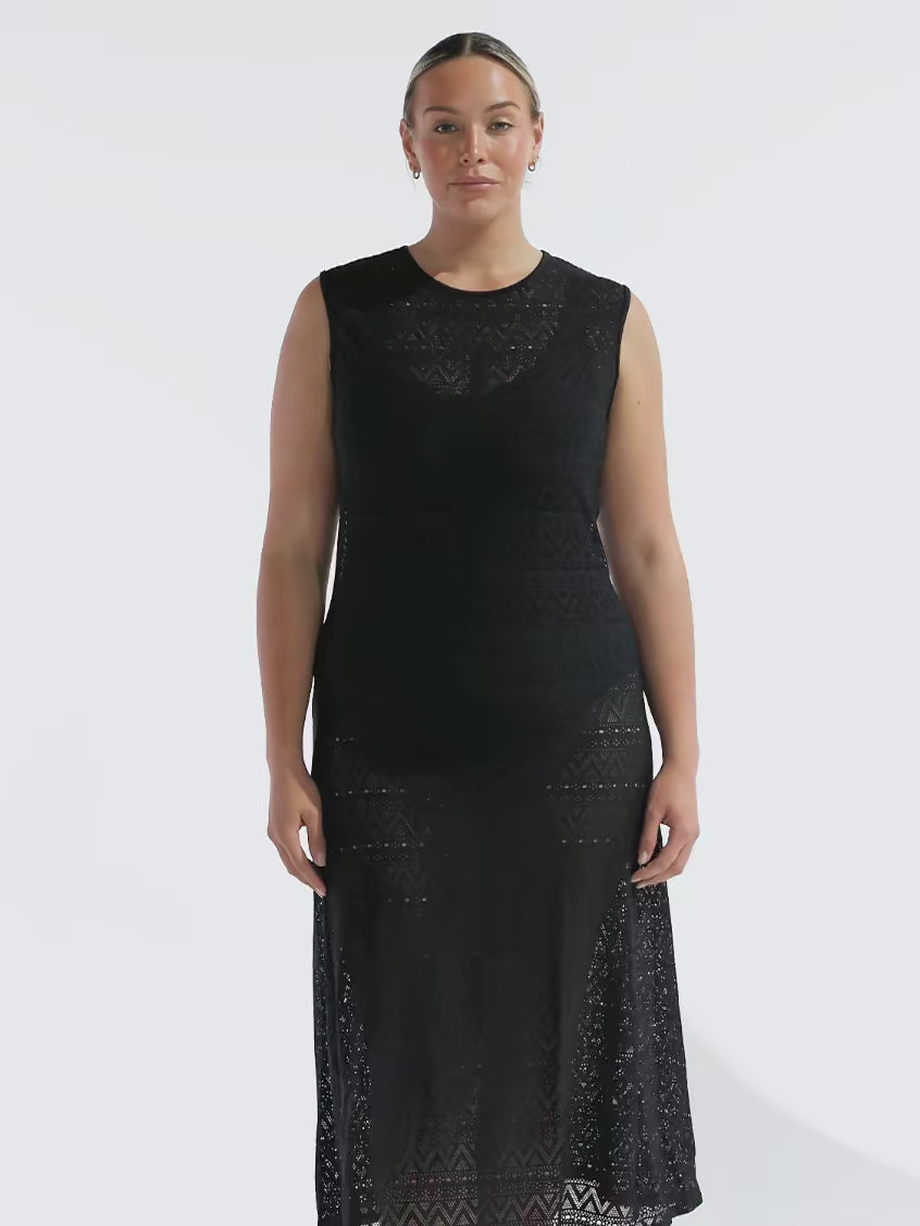 model wearing women's black mesh maxi dress