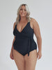model wearing navy textured waist tie one piece swimsuit