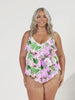 Blonde woman in studio wearing tiered tankini top in floral pink colour