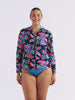 Video of woman in studio wearing a long sleeve rash vest with zip front detail
