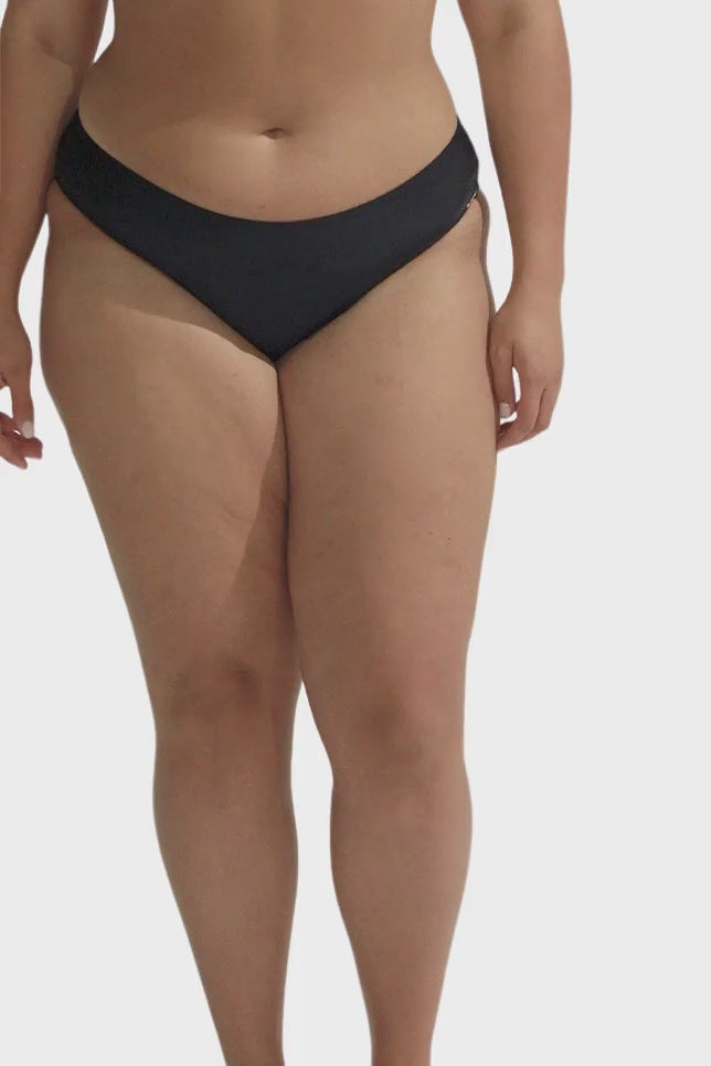 model wearing black hipster swim pant