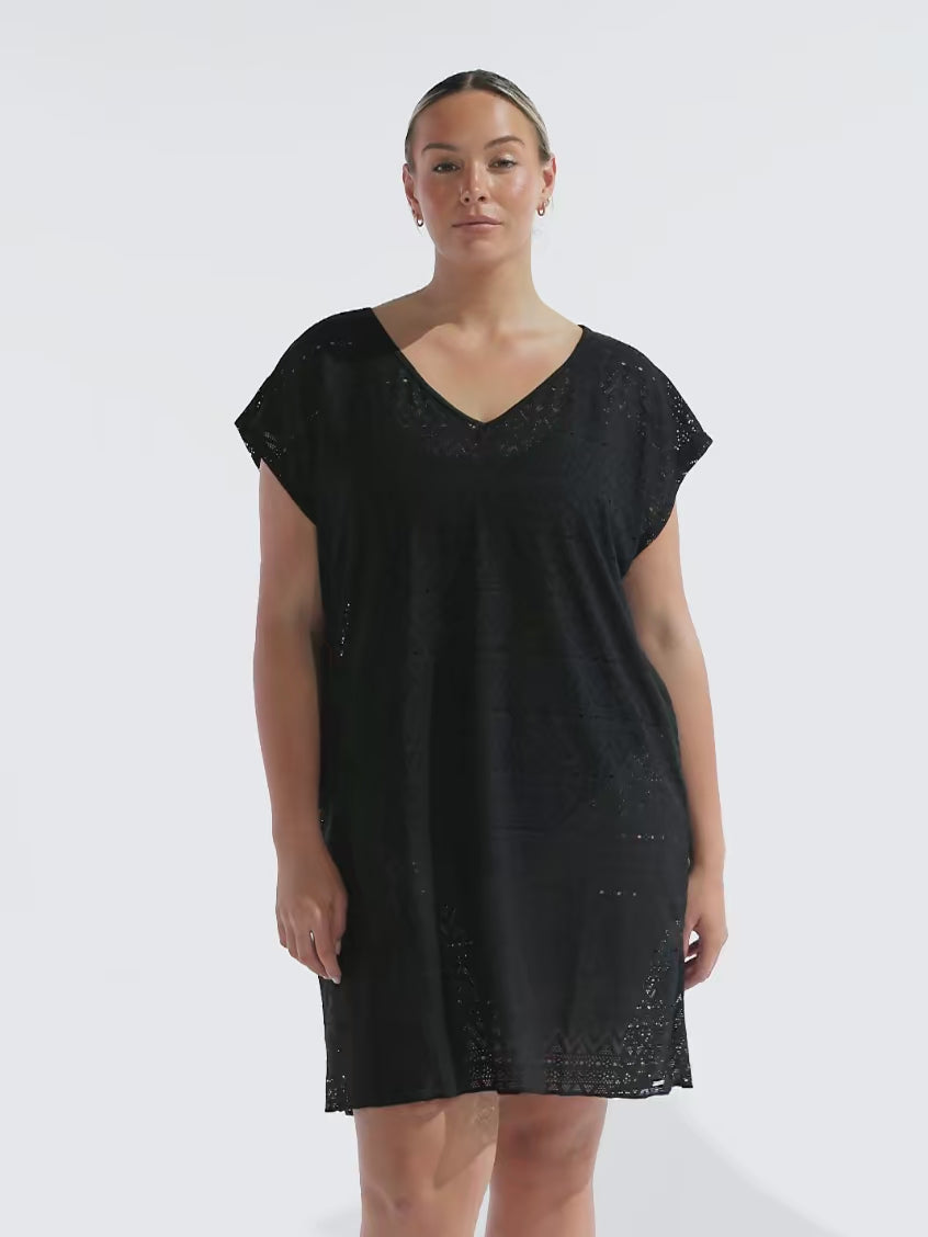 model wearing black mesh beach cover up dress