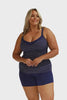 Video of model wearing plus size polkadot white and navy underwire tankini top
