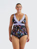 Floral-patterned tankini top with lace trim on a white background