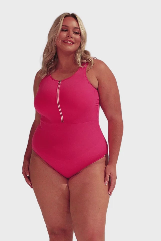 Chlorine Resistant Pink Sleeveless Zip Up One Piece