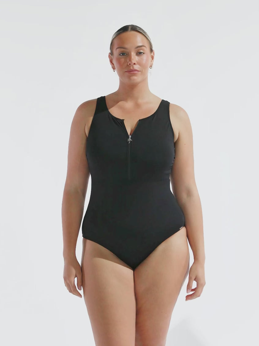 model wearing chlorine resistant black zip front women's one piece