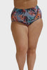 Video of model wearing high waisted flattering plus size swim pants in grey blue floral print