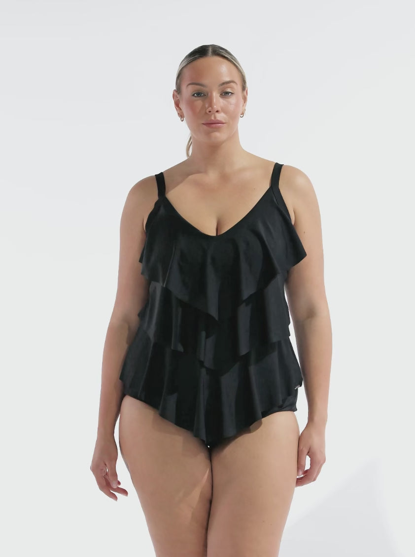 model wearing black 3 tier tankini top