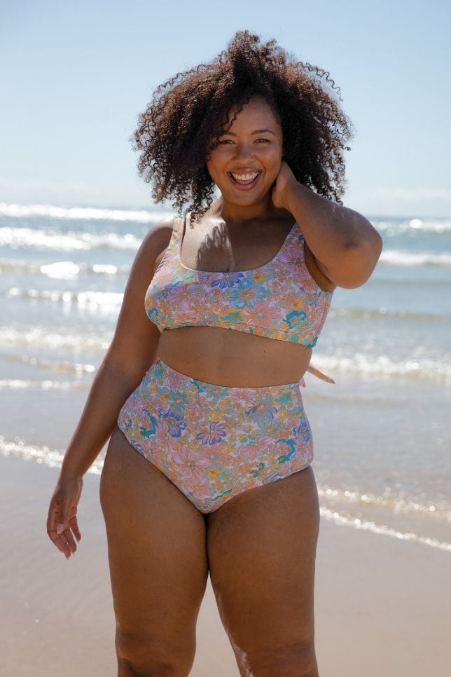 pink floral bikini top with tie back that can be worn back to front