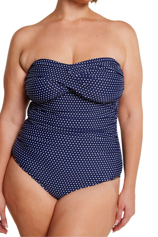 Navy & White Dots Twist Front Bandeau One Piece