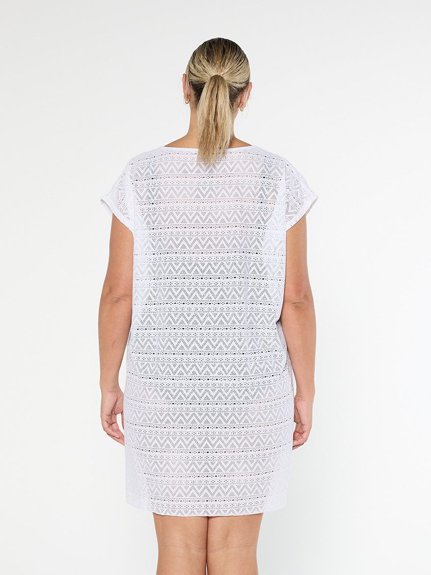 model showing back of women's white mesh cover up dress