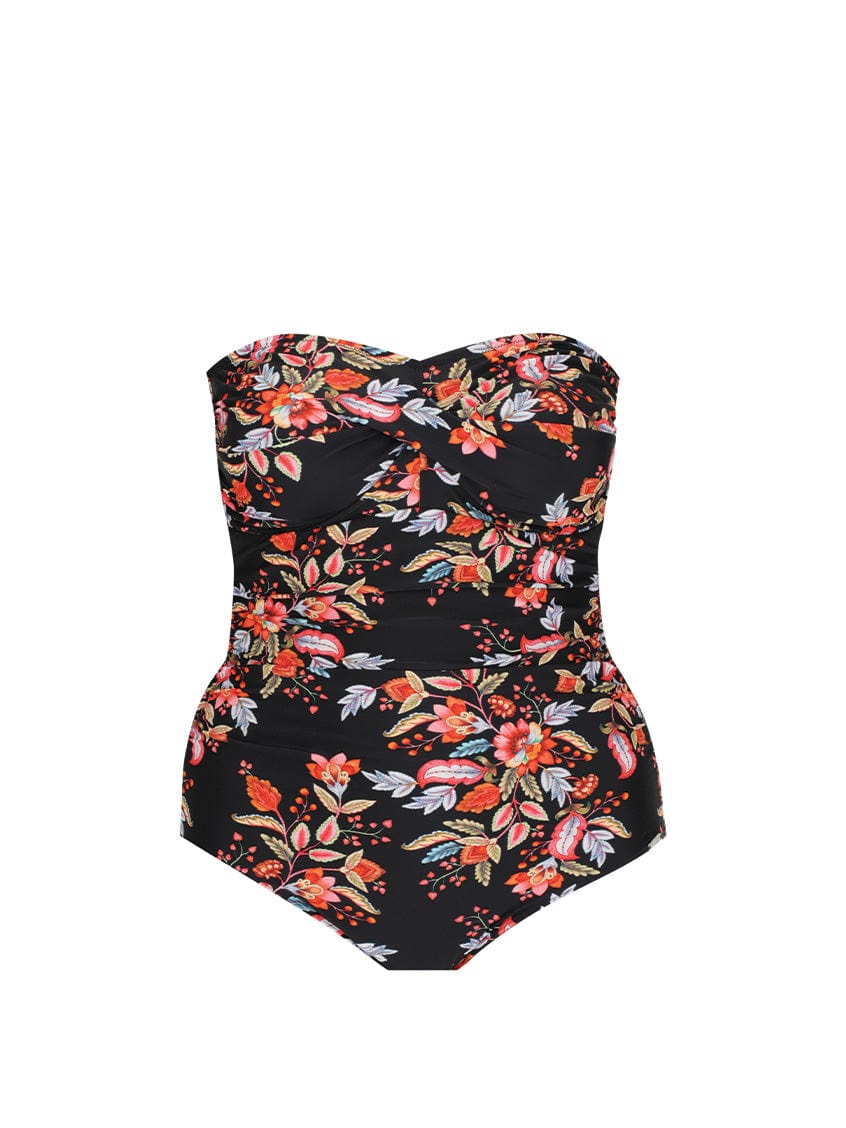 black and red floral bandeau swimsuit