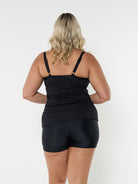 Blonde model showing back of black and white underwire tankini top