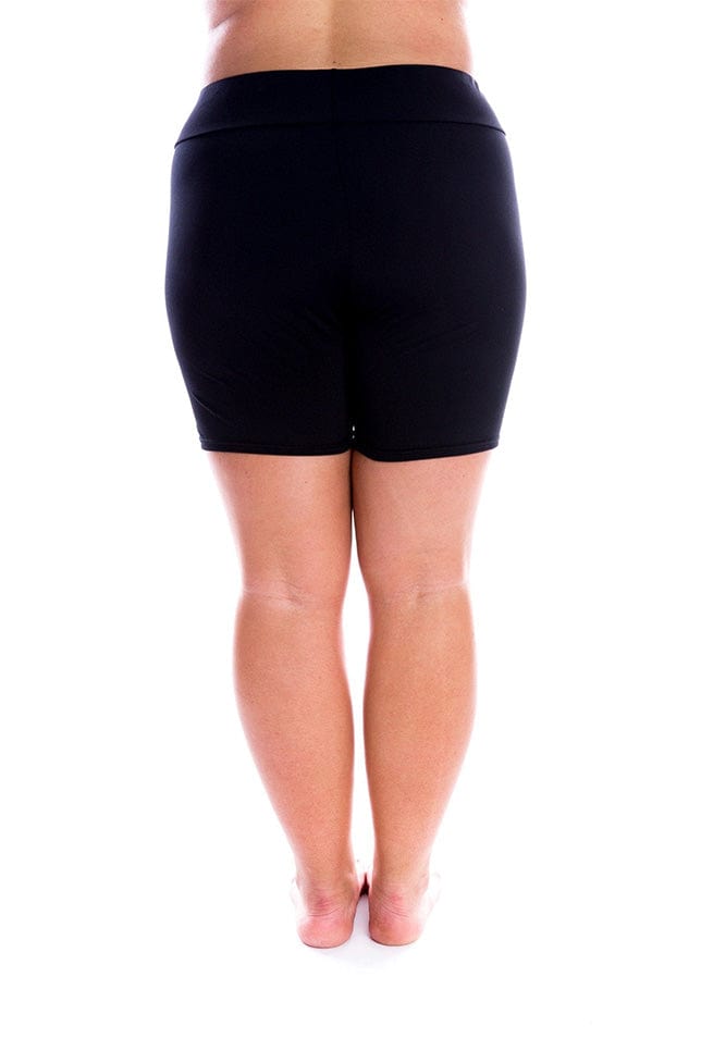 Model showing back of black boyleg swim short