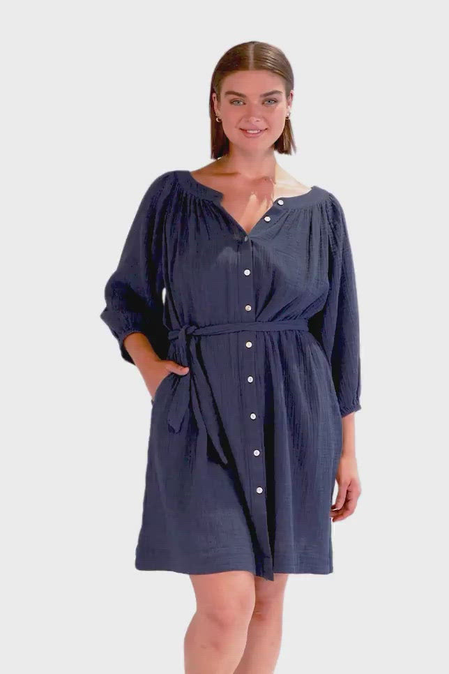 Navy Cheesecloth Button Through Dress