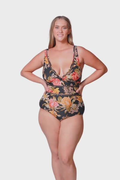 blonde plus size floral one piece with low v neckline