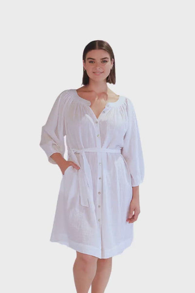 white crepe button up dress