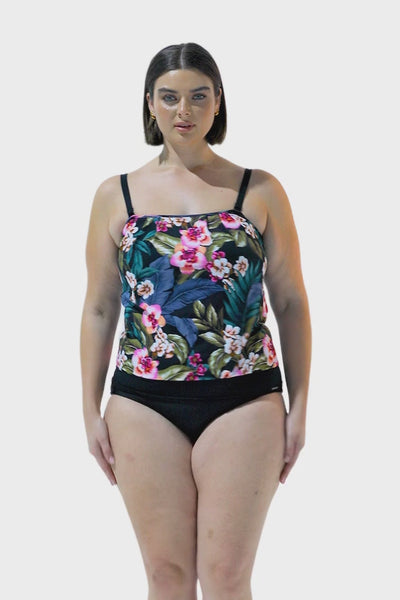 Video of brunette plus size model wearing tankini with removable and adjustable straps in black floral print