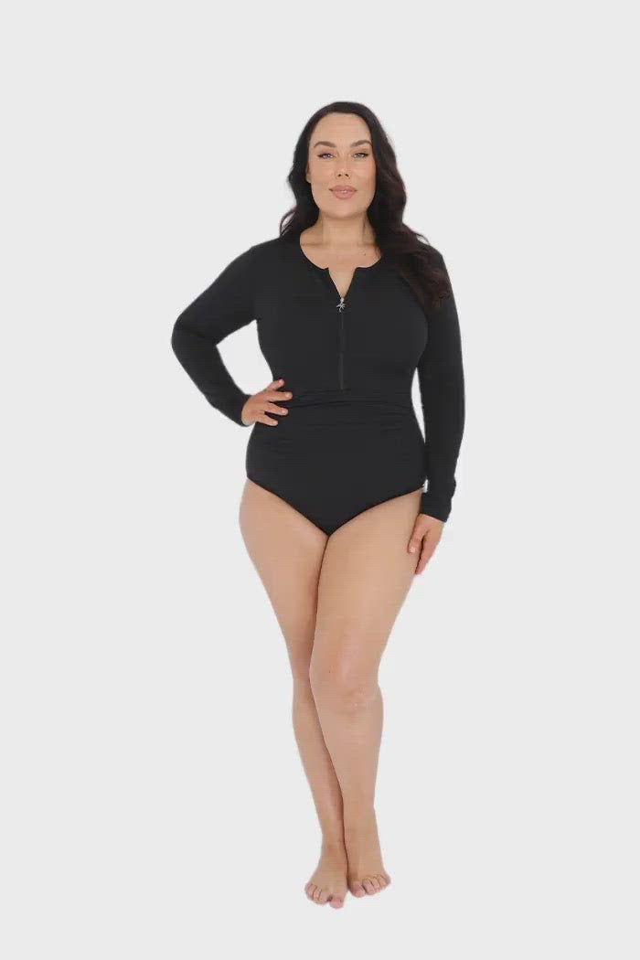 Chlorine Resistant Black Zip Front Long Sleeve One Piece