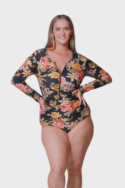blonde plus size women wearing floral long sleeve one piece swimsuit