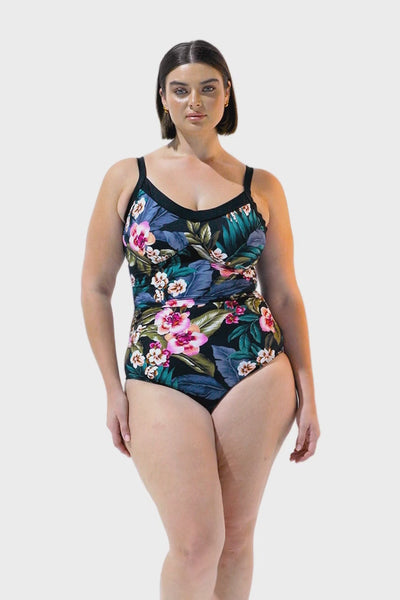 Video of model wearing underwire large bust swimwear in black floral print