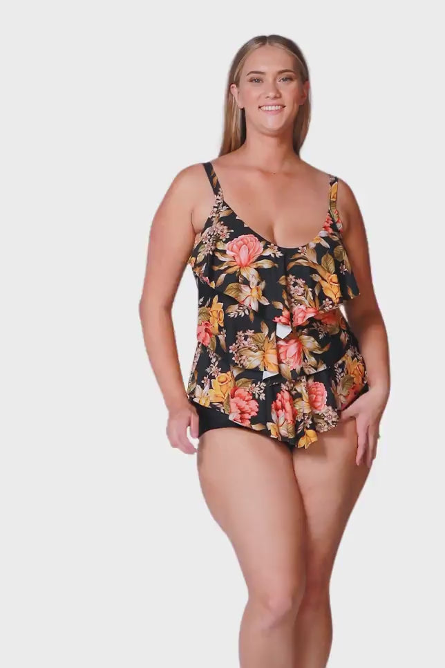 blonde plus size women wearing gold and pink floral 3 tier tankini top