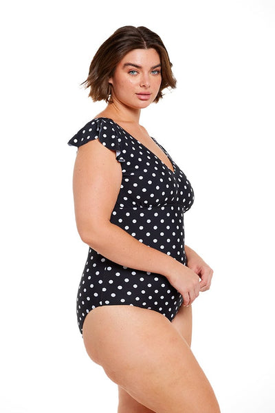 One piece plunge swimsuit for plus size women with frill sleeve in black and white dots