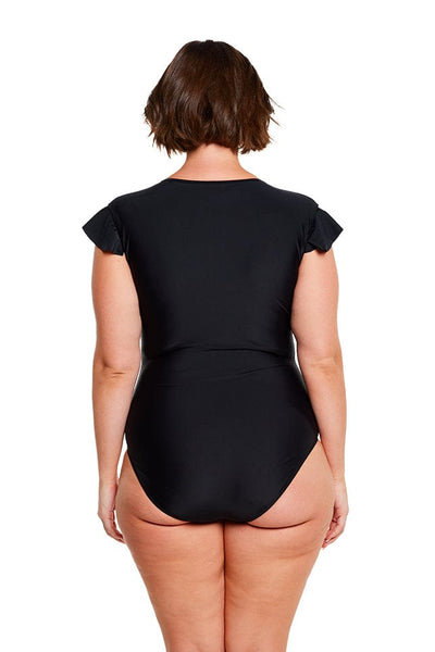 brunette women wears black high neck one piece swimsuit with frill sleeves