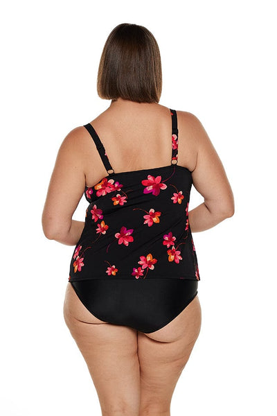 brunette  model wears pink floral chlorine resistant tankini top