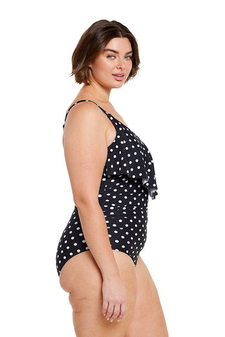 Black and White Dots Long Frill V Neck One Piece